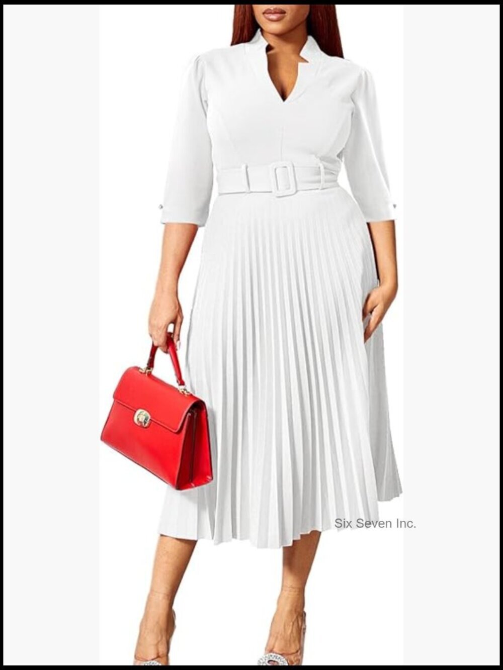 V Neck Business Casual Shirt Dress 3/4 Sleeves Pleated Midi Dresses with Belt